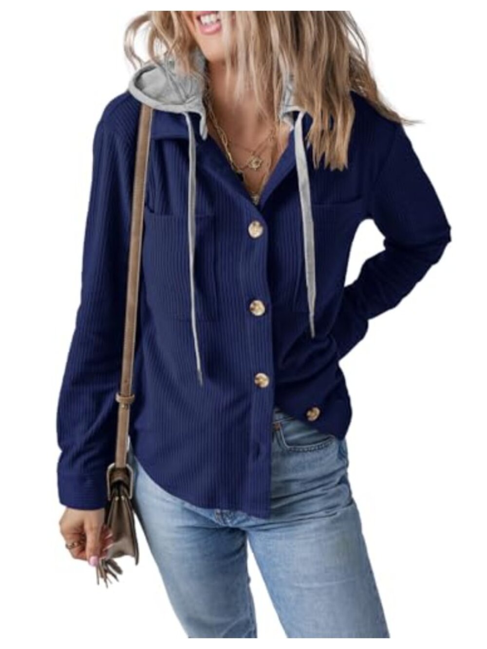 Women's Corduroy Hooded Shacket Button Down Long Sleeve Coat